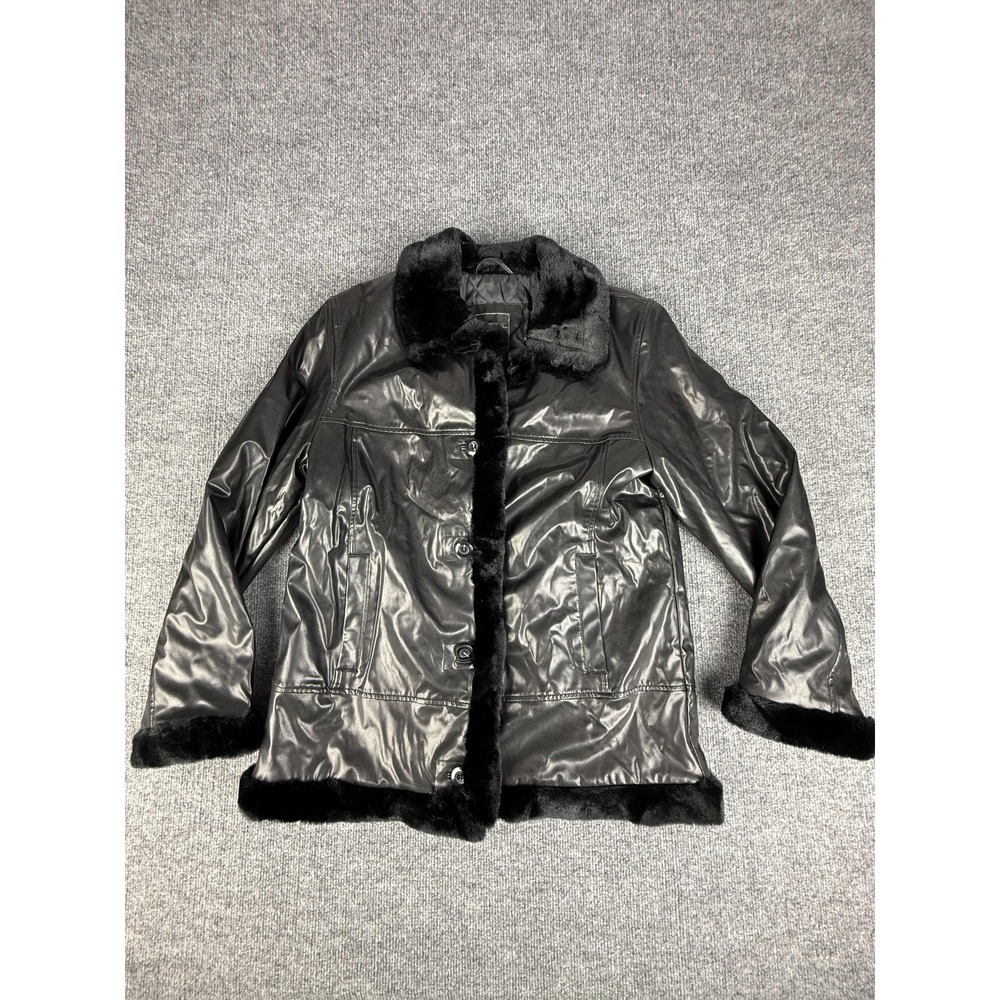 Outbrook Coat Womens Large Black Faux Leather Faux Fur Trim Quilted Lined